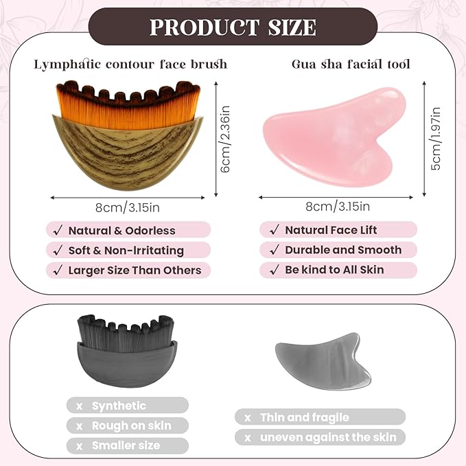 Lymphatic Contour Face Brush and Jade Gua Sha Set, 2-in-1 Manual Facial Dry Brush for Lymphatic Drainage - Anti-Puffiness, Detox Sculpting Brush to Improve Skin Glow & Absorption
