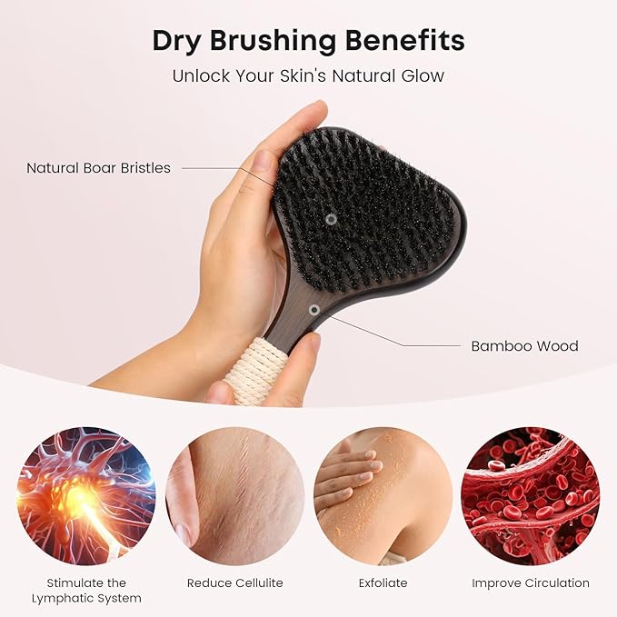 Bamboo Dry Brushing Set with Body and Face Brush, Dry Scrub Brush with Exfoliating Natural Boar Bristle for Lymphatic Drainage, Cellulite Reduction, Blood Circulation and Glowing Skin, 2 Pack