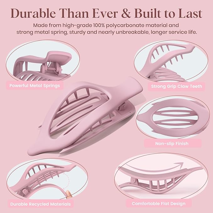 4 PCS Large Flat Hair Clips for Women Girls, French Concord Lay Down Flat Claw Clips for Thick Thin Hair, Comfortable Curved Hair Clip, Matte Non-slip Strong Hold Hair Accessories, Colorful