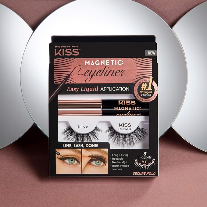 KISS Magnetic False Eyelashes and Eyeliner, ‘Entice’, 12mm, Easy to Apply, Reusable, No Glue, Flexiband Technology, Precision Felt Tip, Fortified Formula, 1 Pair Strip Lashes