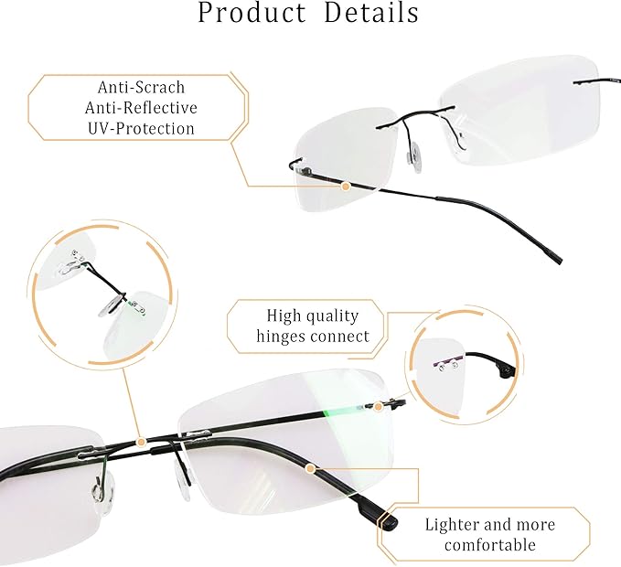 LifeArt Blue Light Blocking Computer Reading Glasses,Men's and Women's Rimless Frame (Black, +2.00 Magnification)