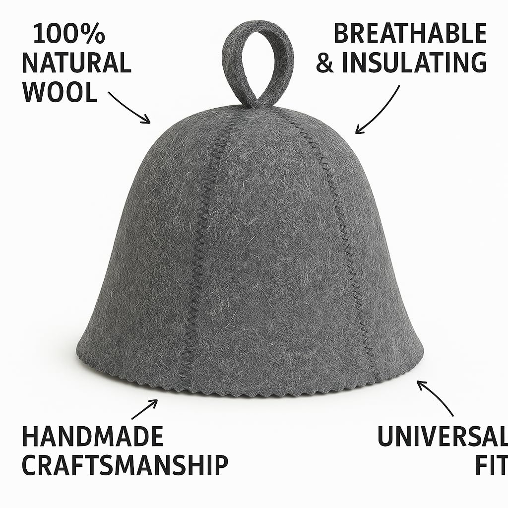 Premium Sauna Hat – 100% Natural Wool, Handmade Sauna Headwear for Men and Women – Eco-Friendly, Breathable, Insulating Hat for Sauna, Steam Room, Banya, and Bathhouse – One Size Fits All, Grey