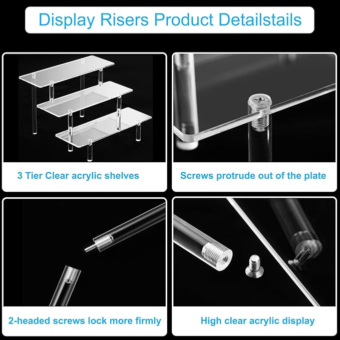 HENABLE Acrylic Display Risers, Acrylic Perfume Stand Organizer, Clear Shelf Risers for Display Stands for Food, Tabletop Use, Amiibo Funko POP Figure, 3 Tier Clear Cupcake Stand Risers