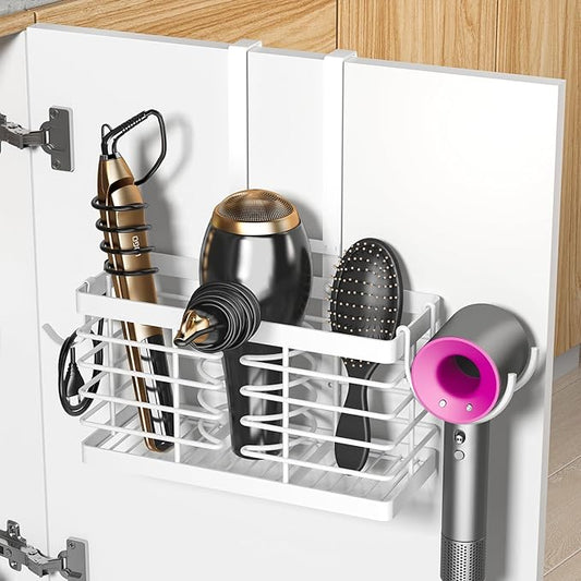 Sevenblue Hair Tool Organizer, 2026 Upgraded 3-in-1 Universal Hair Dryer Holder, Adjustable Height Metal Blow Dryer Holder Wall Mounted/Over Cabinet Door, Bathroom Organizer and Storage(White)