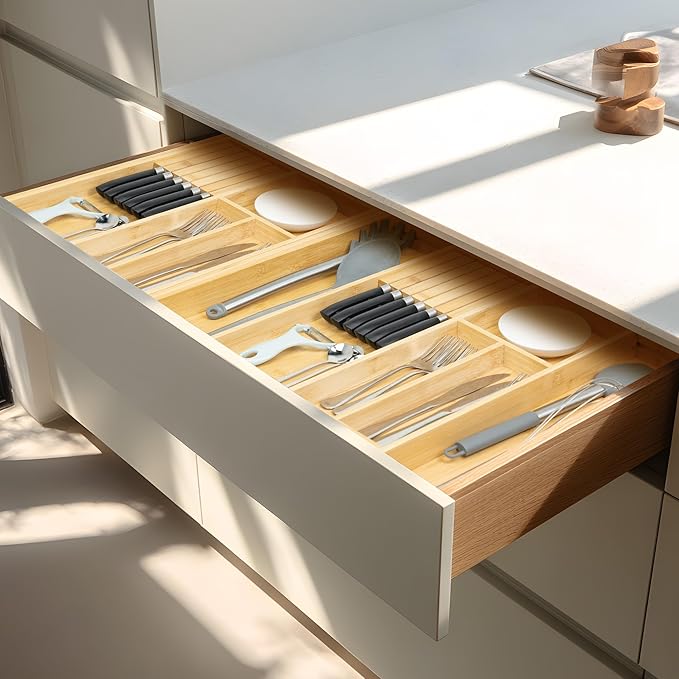 VaeFae Bamboo Kitchen Drawer Organizer, Utensil Tray with Multiple Compartments, Cutlery and Silverware Storage
