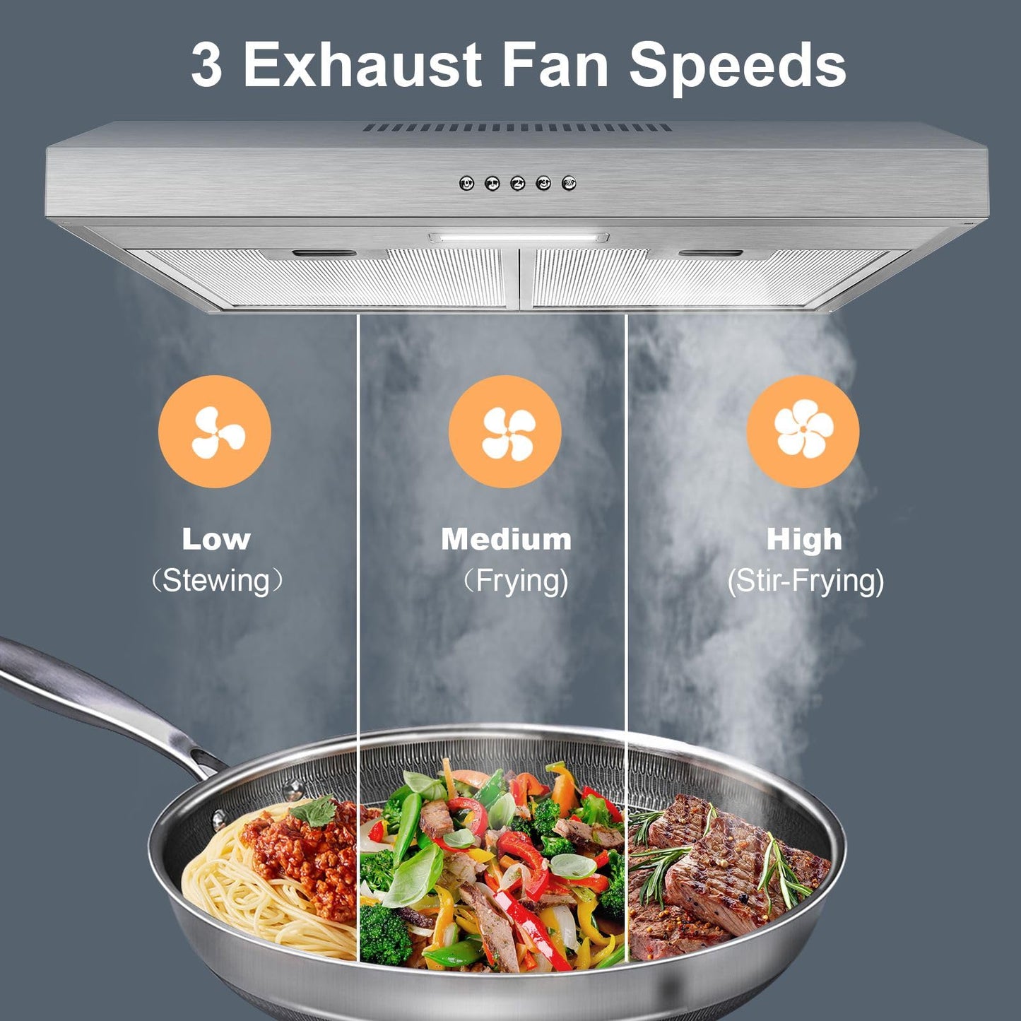 Zomagas Range Hood 30 inch Under Cabinet, Stainless Steel Range Hood 280CFM, Slim Kitchen Stove Hood w/Push Button, Ducted/Ductless Convertible Duct, 3 Speeds Exhaust Fan, LED Light and Carbon Filter