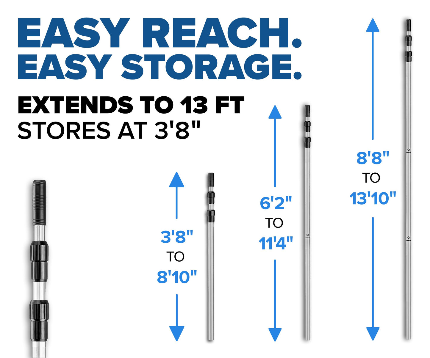 Swimming Pool Pole - 13 Feet Aluminum Telescopic Pool Pole for Cleaning // Telescoping Pool Extension Pole // Adjustable Pool Cleaning Stick for Brush, Skimmer, Vacuum - Inground & Above Ground Pools