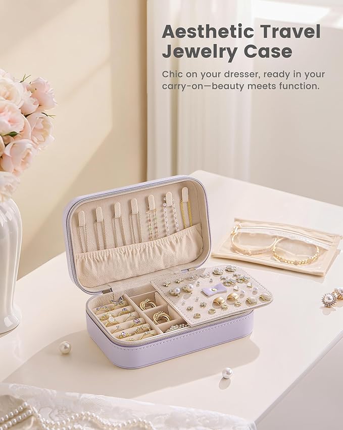 Lolalet Travel Jewelry Case for Women Girls, Travel Jewelry Organizer with Clear Storage Bag Small Portable Jewelry Box for Necklace Bracelet Earring Ring Birthday Bridesmaid Gifts -Medium/Purple