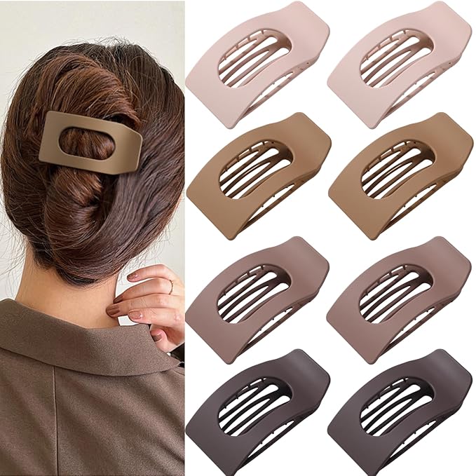 8 Pack Brown Flat Hair Clips for Women – Large Neutral Matte No-Slip Rectangle Claw Clips for Thick & Thin Hair, Strong Hold Square Hair Accessories for Everyday Office or Coffee Look