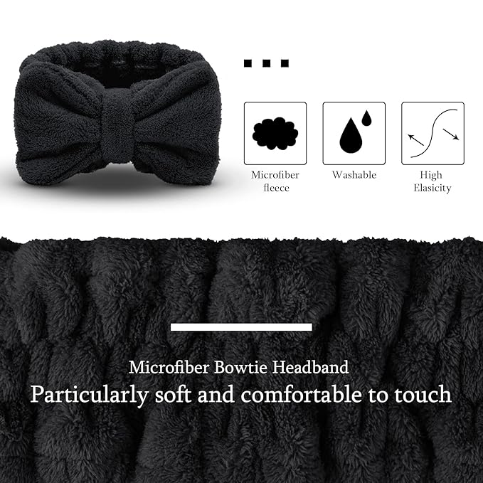 3 Pieces Towel Headbands for Women Makeup Headband for Washing Face Makeup Spa Headband, Microfiber Bowtie Shower Headband for Women (White, Light Gray, Black)