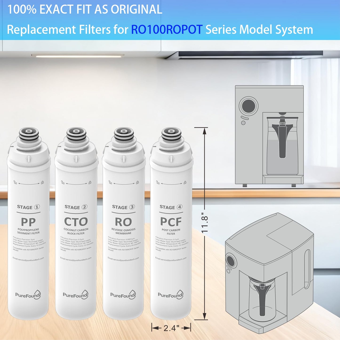 RO100ROPOT 4-Pack Water Filter Replacement Cartridge Set Compatible with Bluevua RO100ROPOT and RO100ROPOTUV Series Replacement Filter Cartridge, Pack of 4 Filters (1 PP, 1 CTO, 1 RO, 1 PCF)
