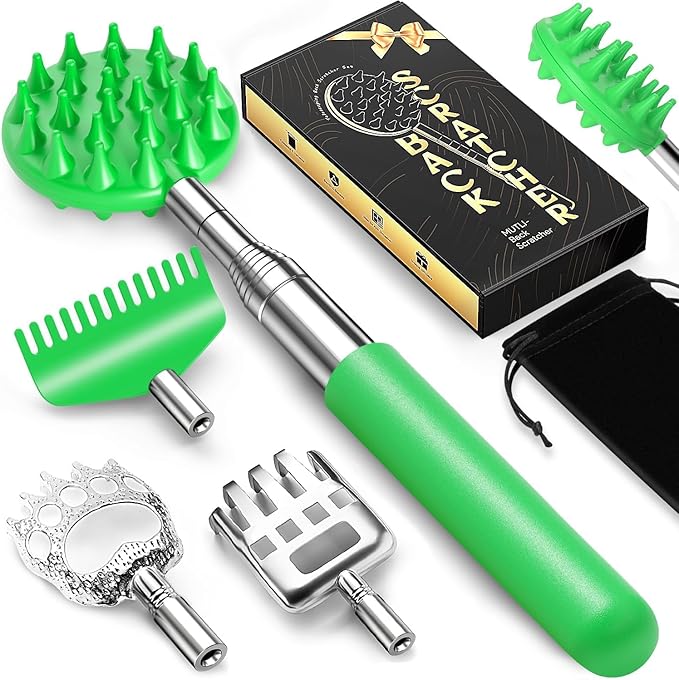 TUKUOS Telescoping Back Scratcher with 5 Detachable Scratching Heads, Valentines Day Gifts for Him Men, Anniversary Birthday Gifts for Men Women Back Scratcher for Men/Dad/Women/Adults - Green