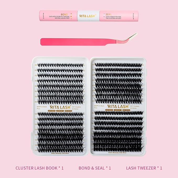 RITALASH Lash Extension Kit 20D+30D+40D+50D DIY Lash Clusters 640pcs Cluster Lashes Individual Lashes Eyelash Extension Kit with Lash Bond and Seal,Lash Tweezers(20D+30D+40D+50D Kit,10-16mm Mixed)
