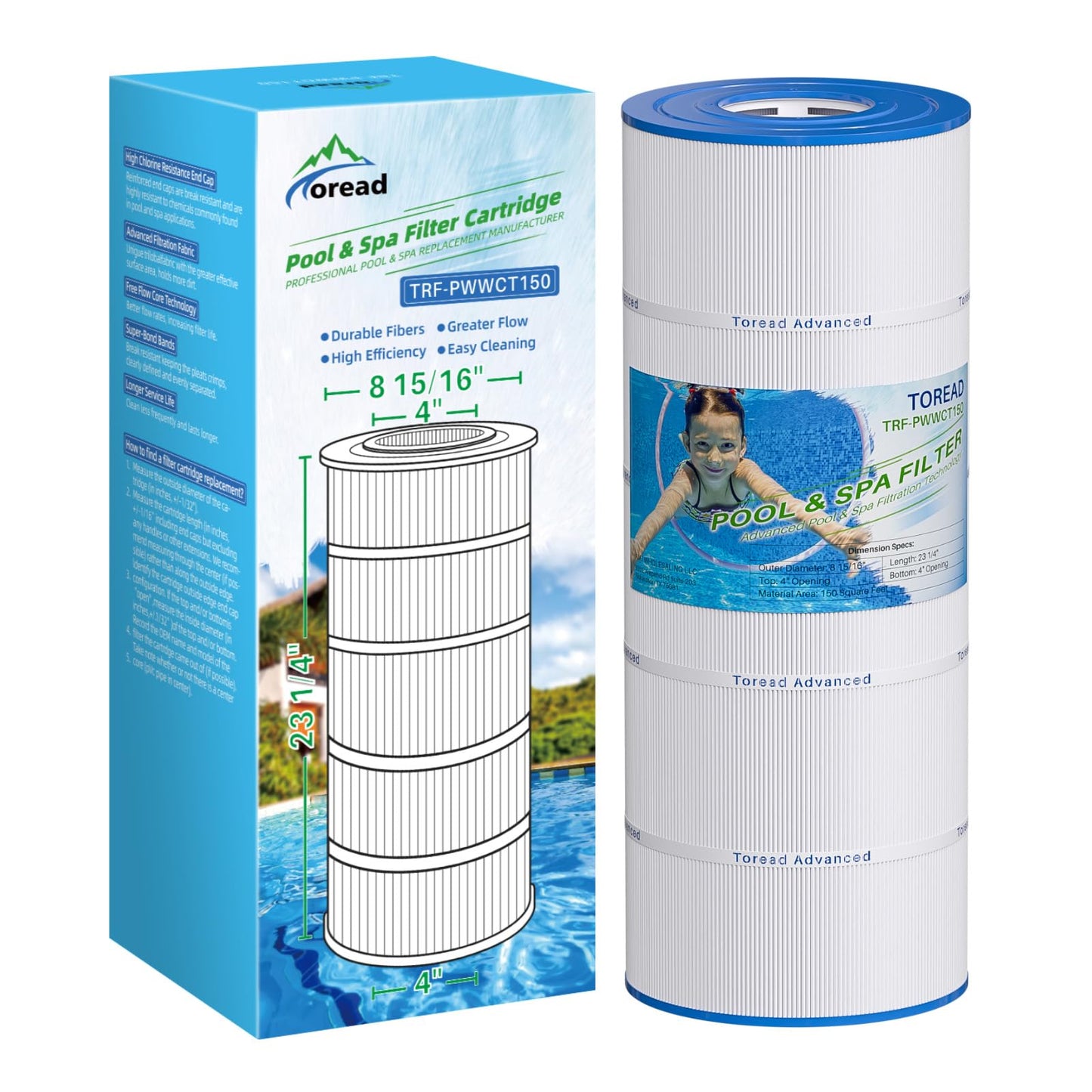 TOREAD PWWCT150 Pool Filter Replaces PWWCT150, Ultral-B3, Clearwater II ProClean 150, 817-0150N, Unicel 8414, Filbur FC-1287, SD-00210, 150 Sq.ft Filter Cartridge 1PACK