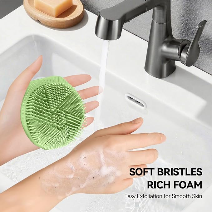 2-Pack Soft Silicone Dual-Sided Body Scrubber & Loofah | Gentle Exfoliating Shower Brush for Men & Women | Creates Rich Lather, Easy to Clean (Green & Purple)