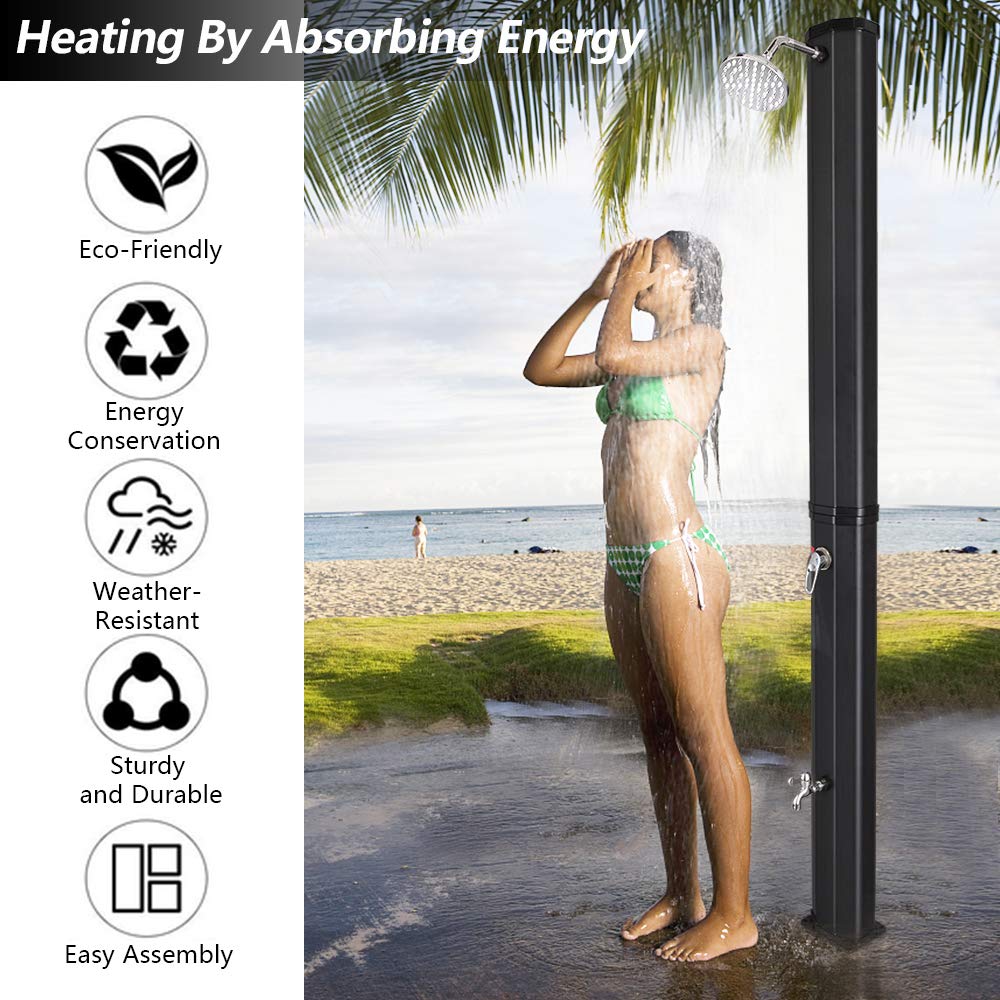 VINGLI 9.3 Gallon Solar Heated Outdoor Shower, 7.2 FT Height, Freestanding Outside Shower with 360° Swivel Shower Head & Foot Faucet, Hot & Cold Water Adjustment, Black