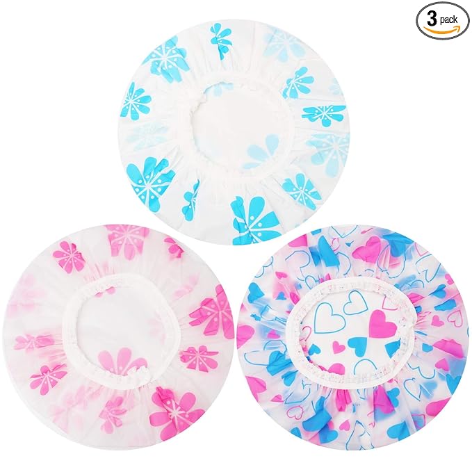 Shower Caps, 3 Pcs Waterproof Bath Caps Plastic Reusable Shower Caps Elastic Band Bath Hair Hat for Women Ladies Spa Salon