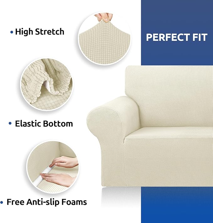 KEKUOU Stretch Sofa Cover Slipcover ，Couch Covers for 3 Cushion Couch Sofa pet Friendly (78"-94") Furniture Protector Sofa with Elastic Bottom for Kids,Dog, Jacquard Small Checked(Large,Beige)