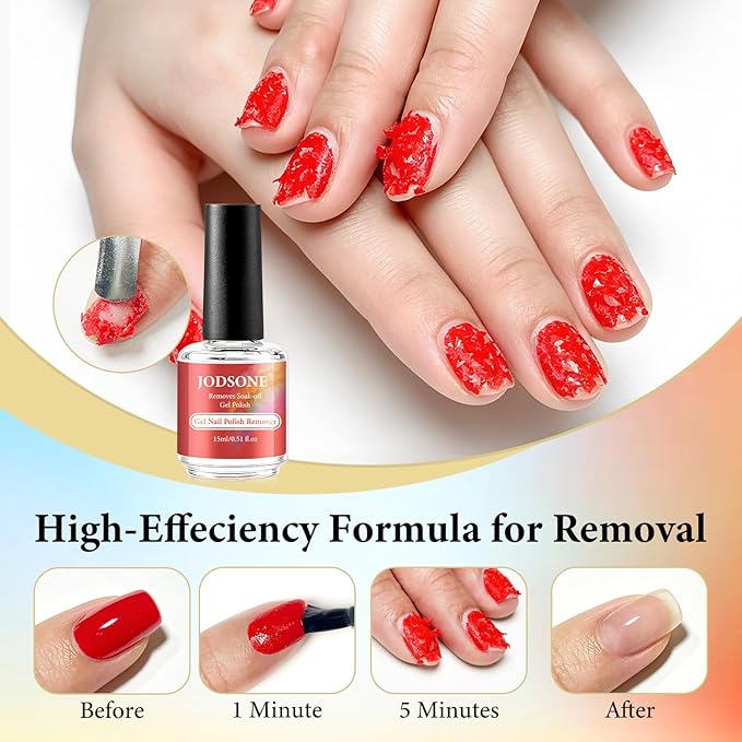 JODSONE Professional Gel Nail Polish Remover Kit:2Pcs 15ML Quick Gel Nail Polish Remover,15ML Cuticle Oil and Latex Tape Liquid,2 Sanding Strips and Steel Pushers,Remove at Home without Going Salon