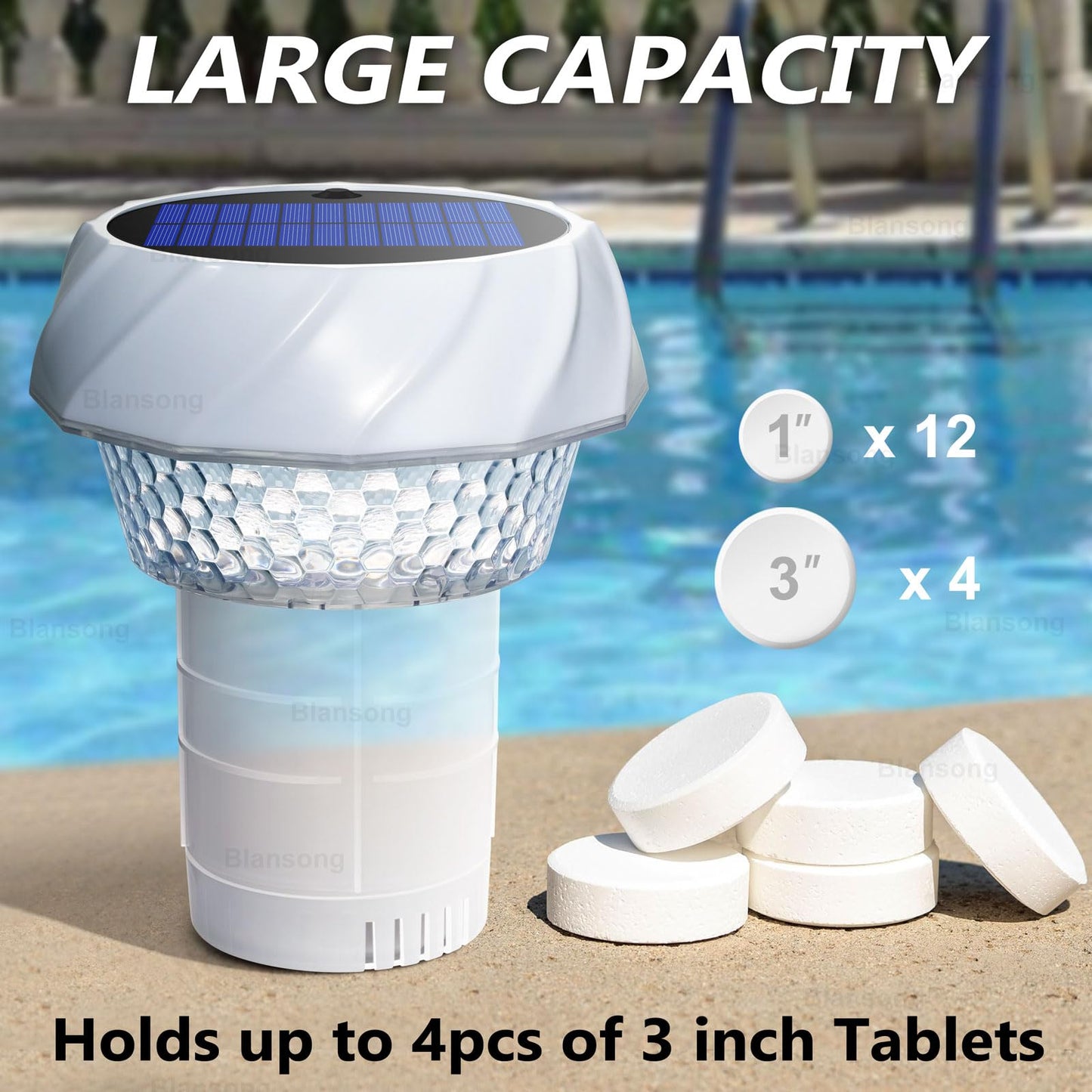 Blansong Solar Pool Chlorine Floater Adjustable Release Swimming Pool Chlorine Tablet Floater with Color Changing Floating Dispenser with Romote Control and Timer IP68 Waterproof