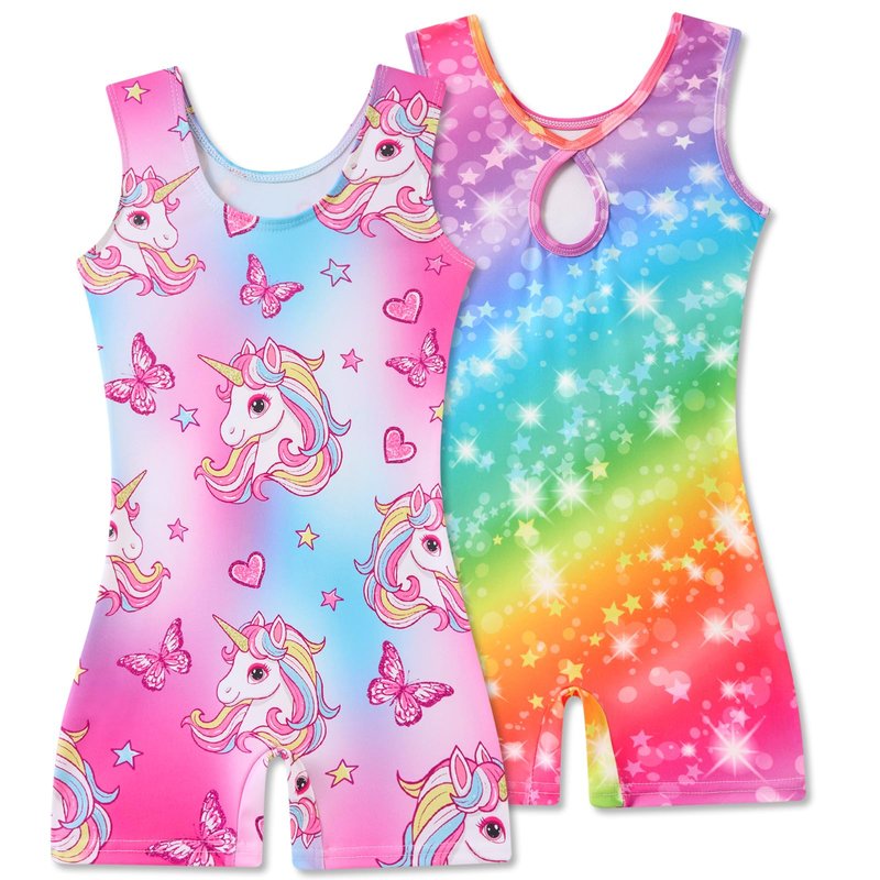 Taubow 2 Packs Gymnastics Leotards for Girls 4t 5t Rainbow Unicorn Tumbling Outfit Biketard with Shorts Gymnastics Outfit