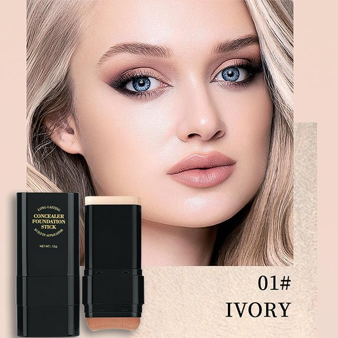 Foundation Stick, 2 in 1 Dual-Ended Long-Lasting Concealer Korean Foundation Contour Stick, Waterproof Contouring foundation with Brush, Full Coverage Matte Finish for Face Makeup(01#IVORY)