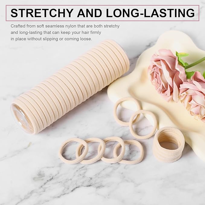 LuSeren 120 Pcs No Damage Hair Ties for Thick Hair, Large Soft Seamless Nylon Hair Elastics for Women, Ponytail Holders, Hair Accessories Ã¢ÂÂ Blonde