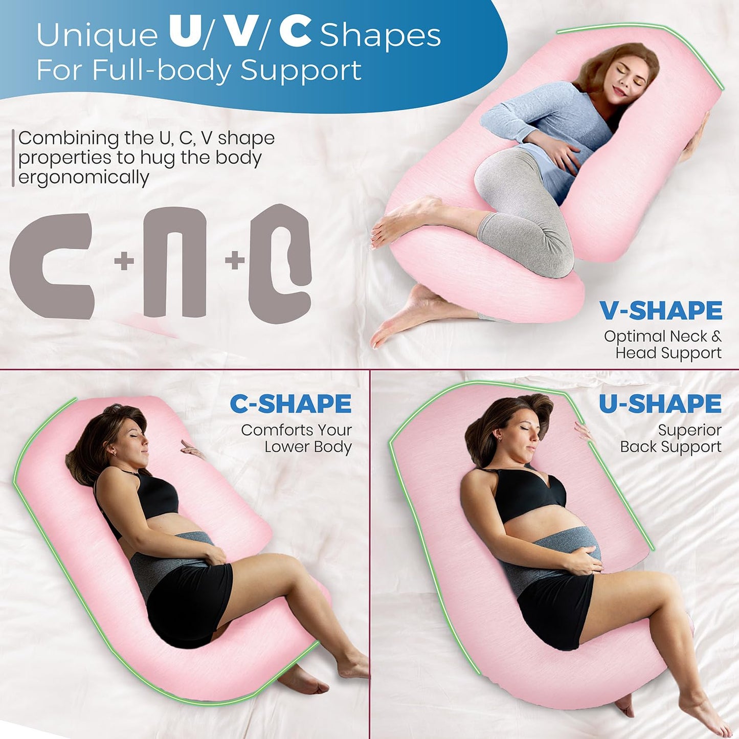 PILLANI Pregnancy Pillows for Sleeping - V C U Shaped Full Body Pillow with Removable Cover, 57inch Cooling Maternity Pillow for Pregnant Women, Support for Back Belly Legs Hip - Pregnancy Must Haves