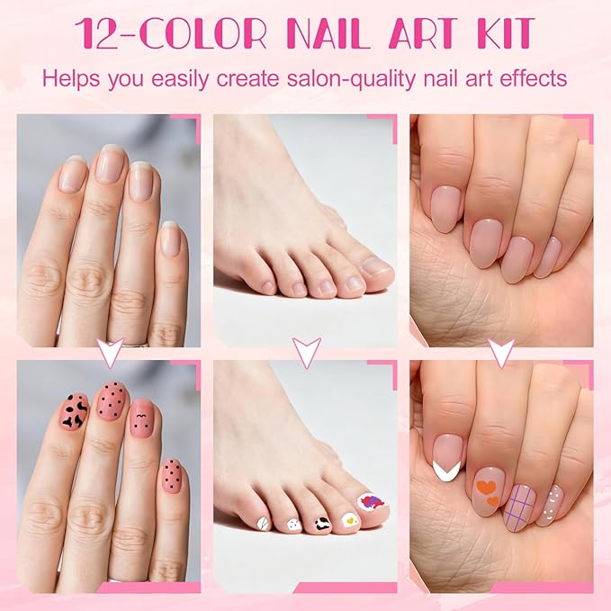12 Color Nail Art Pens Set, 0.5 MM Nail Polish Pens Dotting Drawing Painting Point Liner Painted Pen Kit, Waterproof and Quick-drying Nail for DIY Nails Art Design Manicure Tools