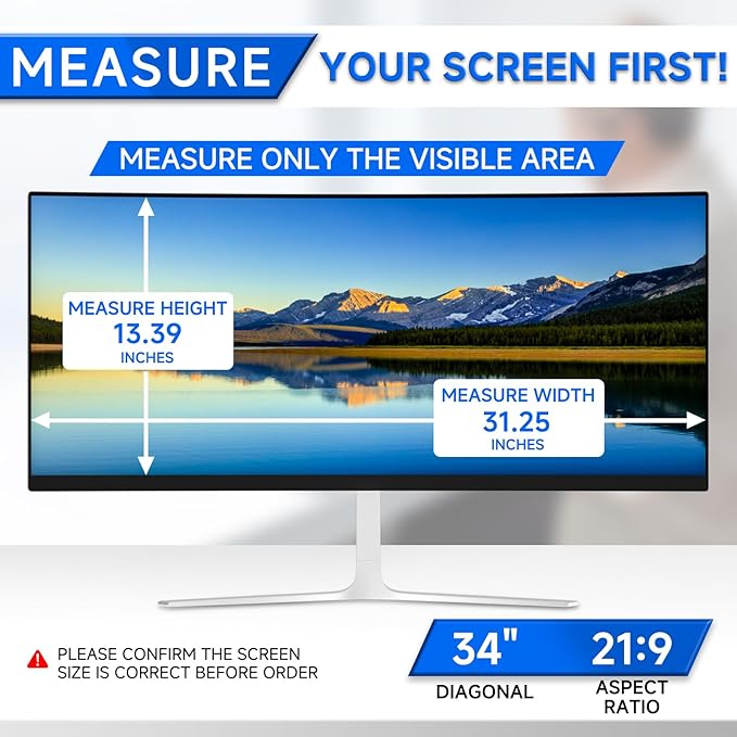 [2-Pack] Privacy Screen For Computer Monitor, 34-Inch 21:9 Aspect Ratio; Anti Spy/Bule Light/Glare And Eye Protection, 2 Install Ways Removable For Office, Airport, Cafe And Other Public Area; Diagonal 34 Inches, Width 31.25 Inches, Height 13.39 Inches