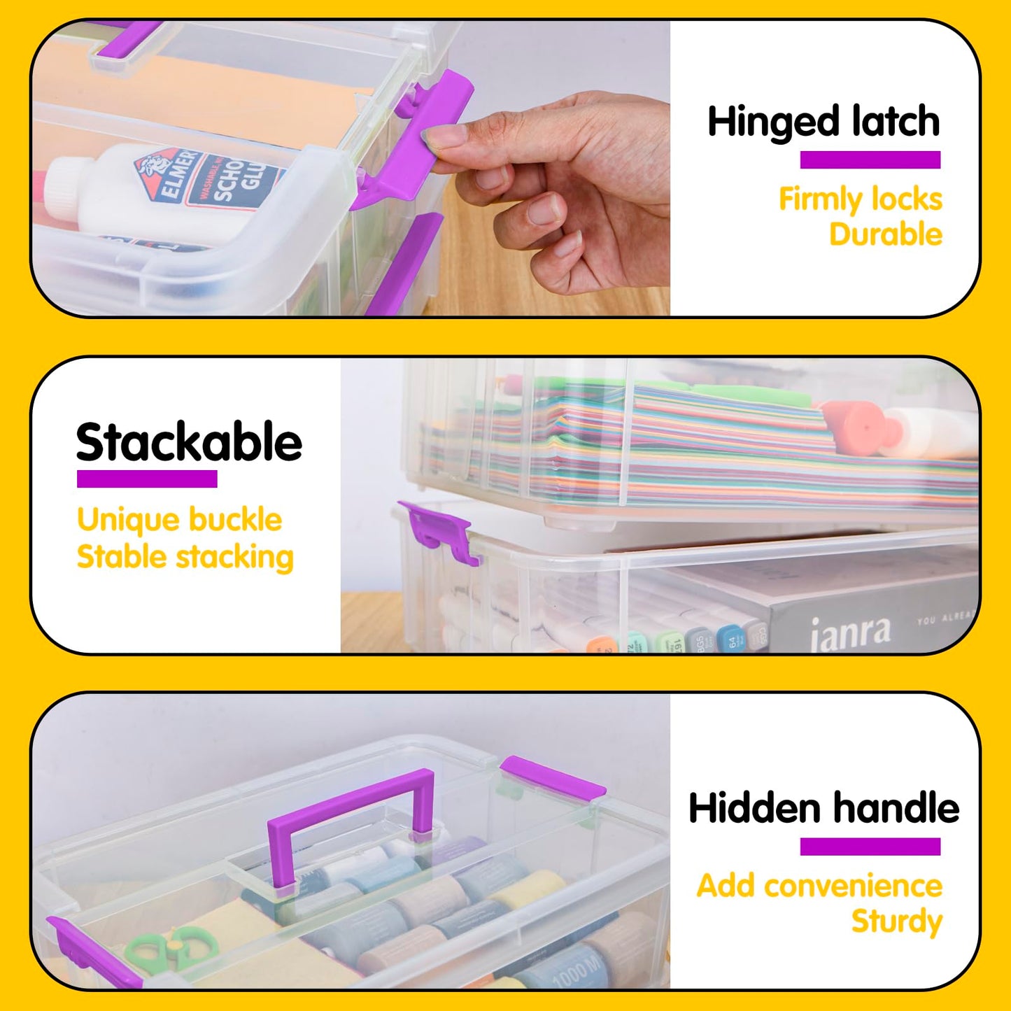 TERGOO 2 Layer Plastic Storage Containers with Lids, Multipurpose Clear Stack & Carry Box, Portable Craft Organizers and Storage Bin for Organizing Art & Craft, Sewing, Makeup, Nail Supplies (Purple)