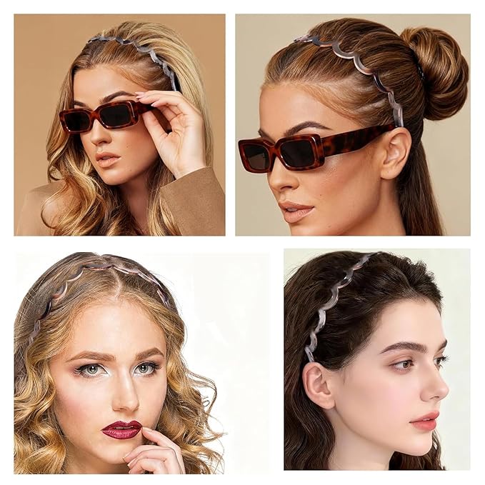 Zigzag Headbands for Women, 2-Pack U-Shaped Hair Comb Headband, Non-Slip Slick-Back Hair Accessories, Tortoiseshell & Amber Gray Recycled Plastic, Teeth Hairband for Everyday Styling & Workout
