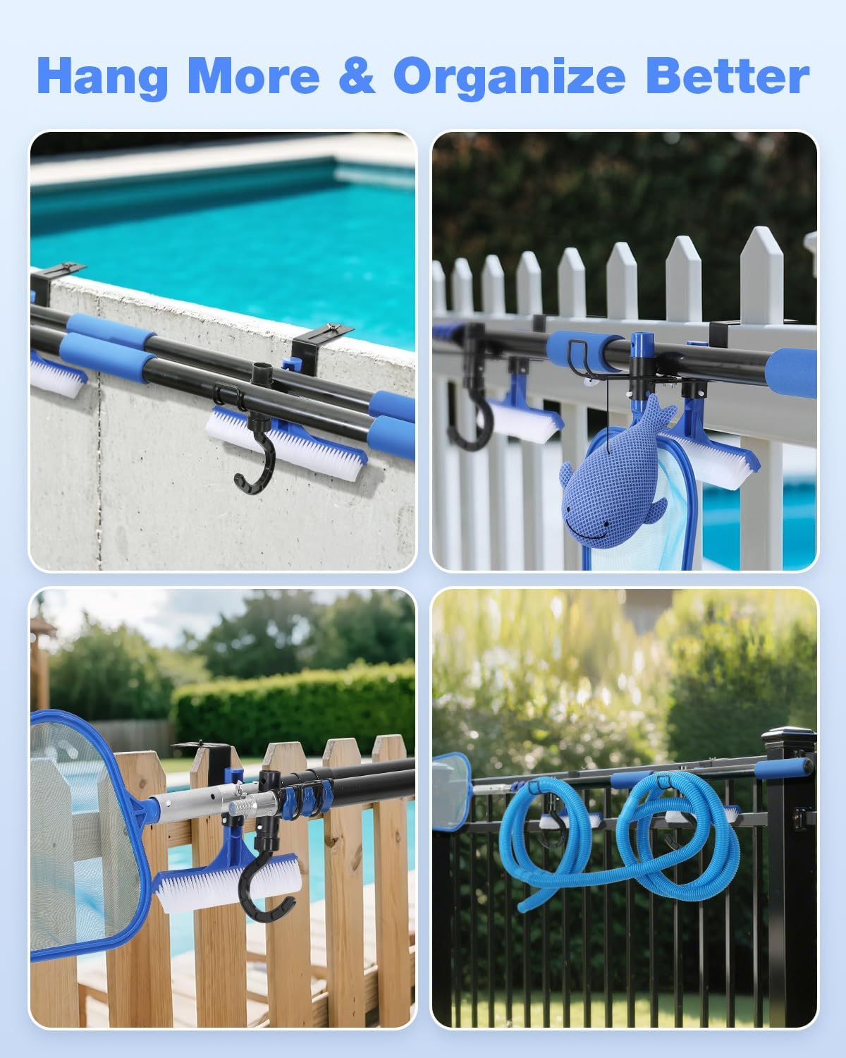 Pool Fence Hooks Adjustable, Heavy Duty Metal Hanger for Pool Equipment, Skimmers, Poles, Brushes, Vacuum Hose, Rust-resistant, no Drill, 2 Pack, Fits 0-10 cm Fences - Pool Accessories Storage