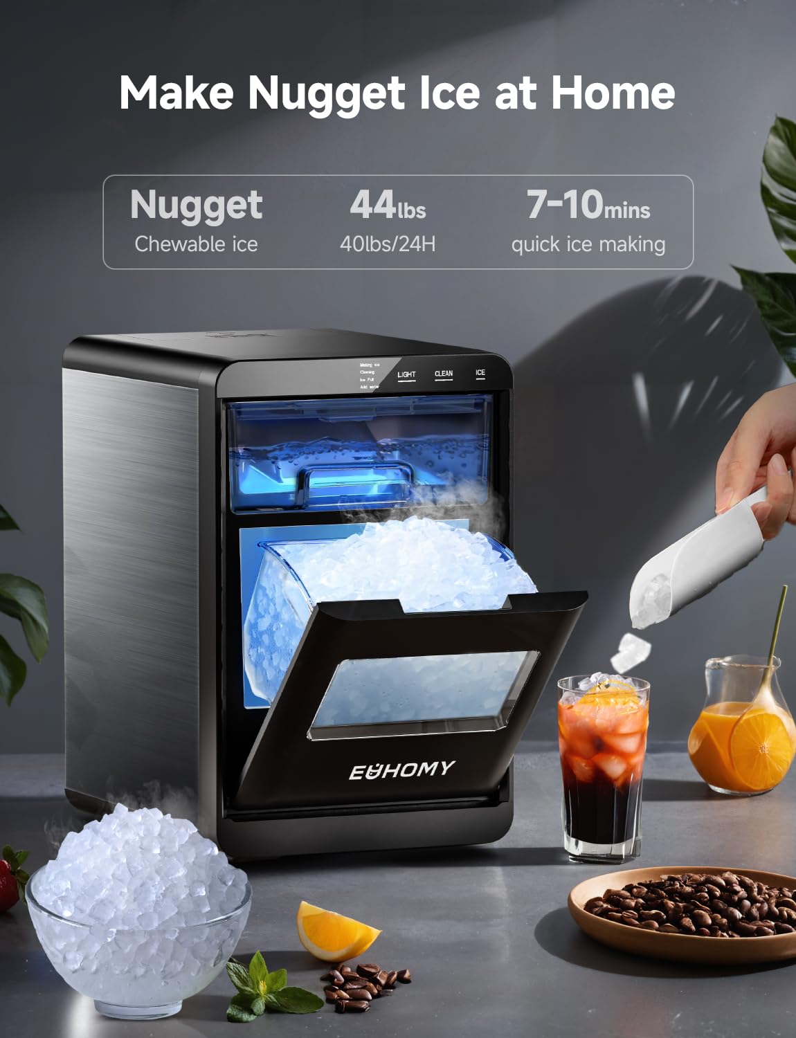 EUHOMY Nugget Ice Maker Countertop, 44Lbs/24H Sonic Ice Maker Machine, Self-Cleaning Pellet Ice Makers with Ice Scoop&Basket, Countertop Pebble Ice Maker for Home/Kitchen/Office