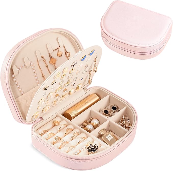 ProCase Travel Size Jewelry Box, Medium Portable Seashell-Shaped Jewelry Case, 2 Layer Jewelry Organizer in PU Leather for Women -Glossy Pink