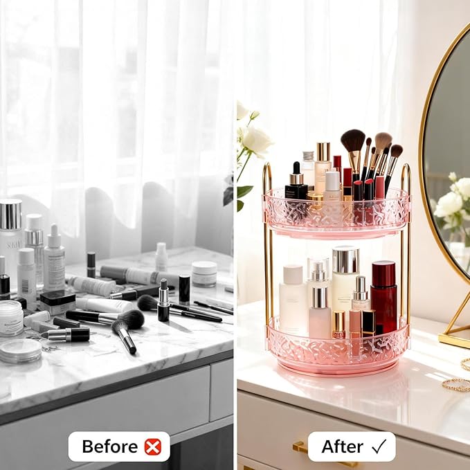 Fangoo 2 Tiers Pink Rotating Makeup Organizer for Vanity, 360 Spinning Skincare Organizers for Dresser Perfume Organizer Large Skincare Make up Storage Cosmetic Organizer for Bathroom Countertop
