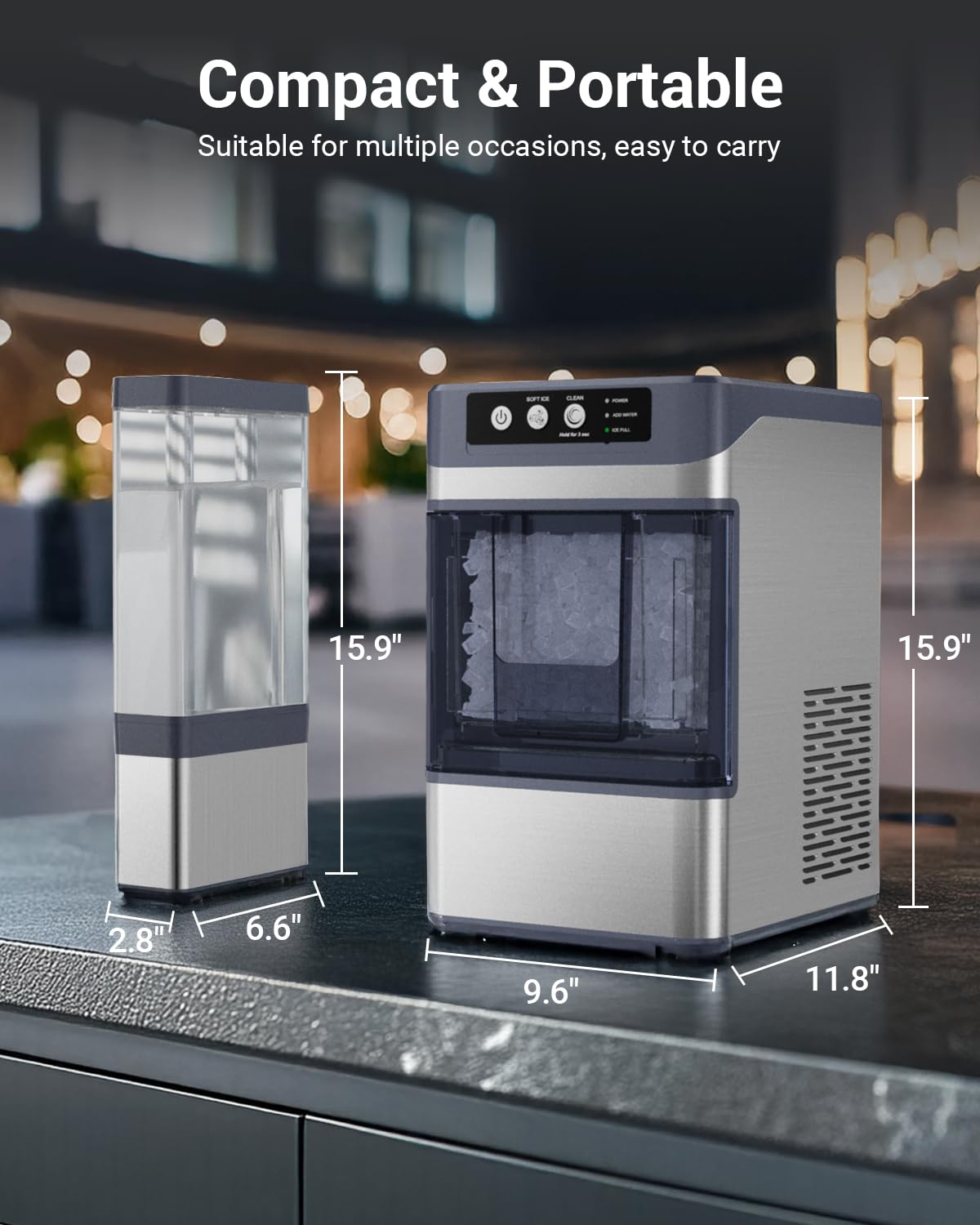 44 lbs/Day Nugget Ice Maker Countertop, Pebble Ice Machine with 0.8 Gal Water Tank 6-10 Mins Fast Ice Making for Home, Camping, Kitchen, RV (Silver)