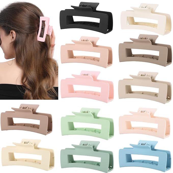 12 Pcs Pastel Square Hair Claw Clips for Women – Large 4.3" Matte Claws for Thick & Thin Hair, Cute Bulk Set for Girls, Coquette & Aesthetic Style