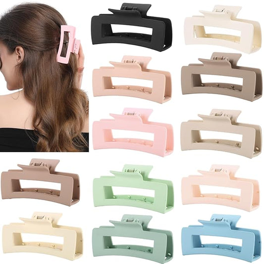 12 Pcs Pastel Square Hair Claw Clips for Women – Large 4.3" Matte Claws for Thick & Thin Hair, Cute Bulk Set for Girls, Coquette & Aesthetic Style