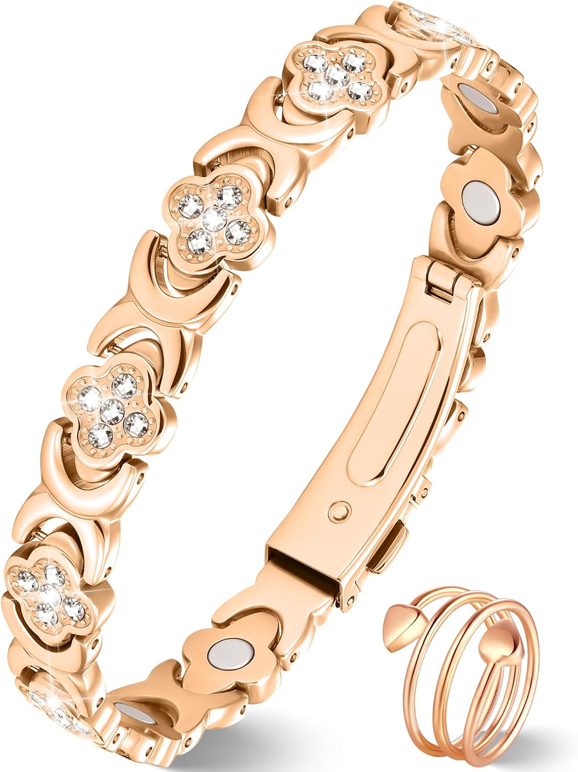 Jeracol Copper Bracelets for Women, Ultra Strength Magnetic Bracelets with 3800 Gauss Magnets & Sparkling Cubic Zirconia, Pure Copper Clover Jewelry with Ring
