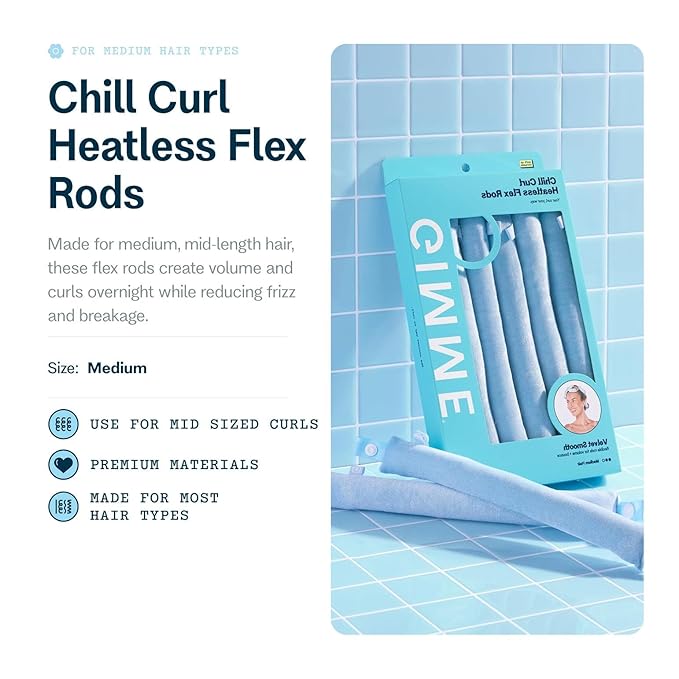 Gimme Beauty Chill Curl Heatless Flex Rods - Gentle & Bendable Hair Rods for Overnight Curls - Bouncy Waves with a Frizz-Free Finish - Snap Closure for Secure Hold - Medium Hair, 6 Count
