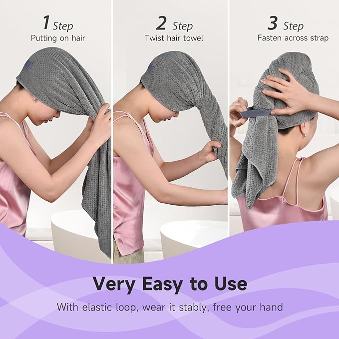 Extra Large Microfiber Hair Towel for Women Curly, Long, Thick Hair, 2 Pack Ultra Absorbent Hair Drying Towel Wrap, Super Soft Anti Frizz Hair Turban with Elastic Loop (Grey, Camel)