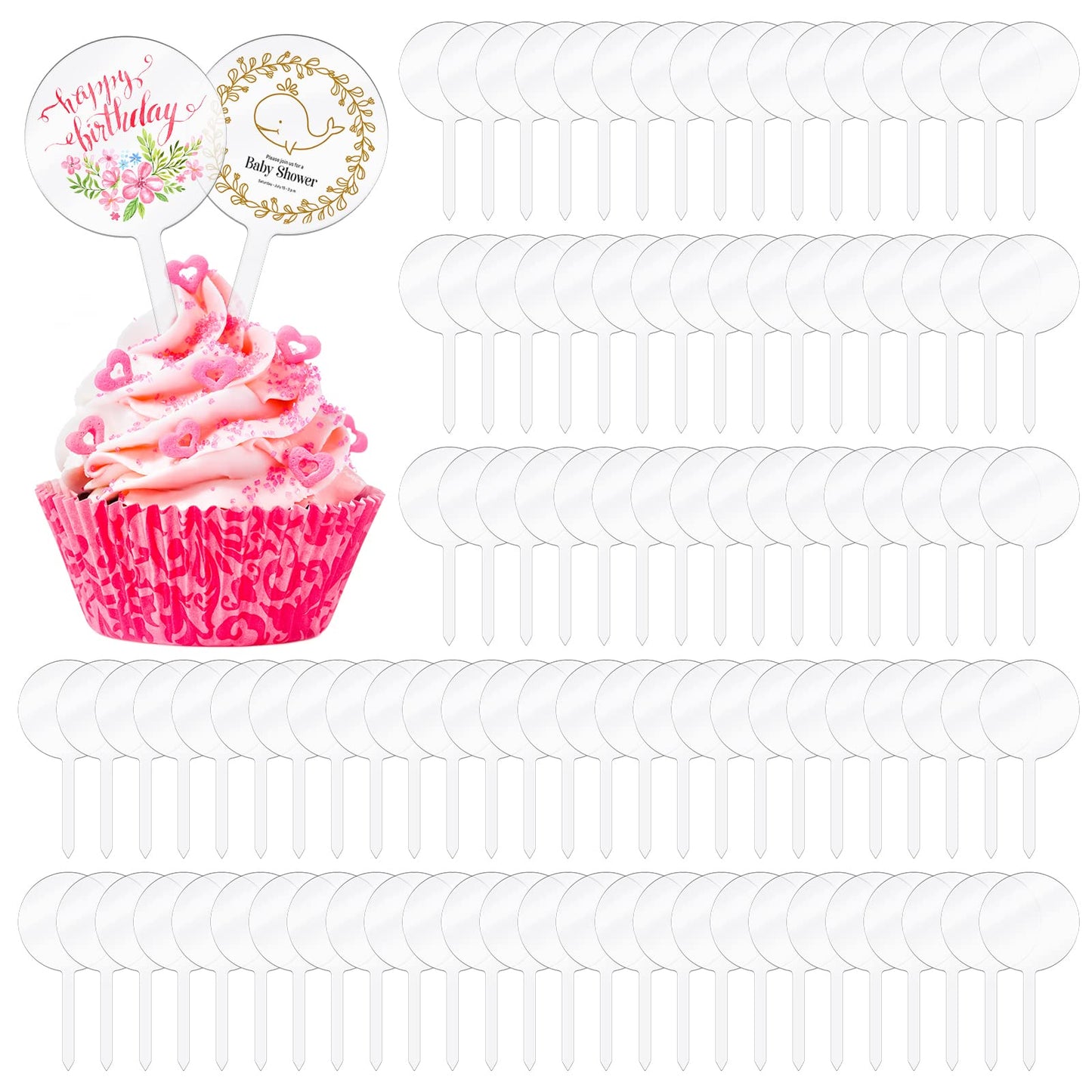 BBTO 100 Pieces 2 Inch Round Clear Acrylic Blank Cupcake Toppers Sticks for DIY Birthday Festival Party Baby Shower Wedding Party Cupcake Decoration