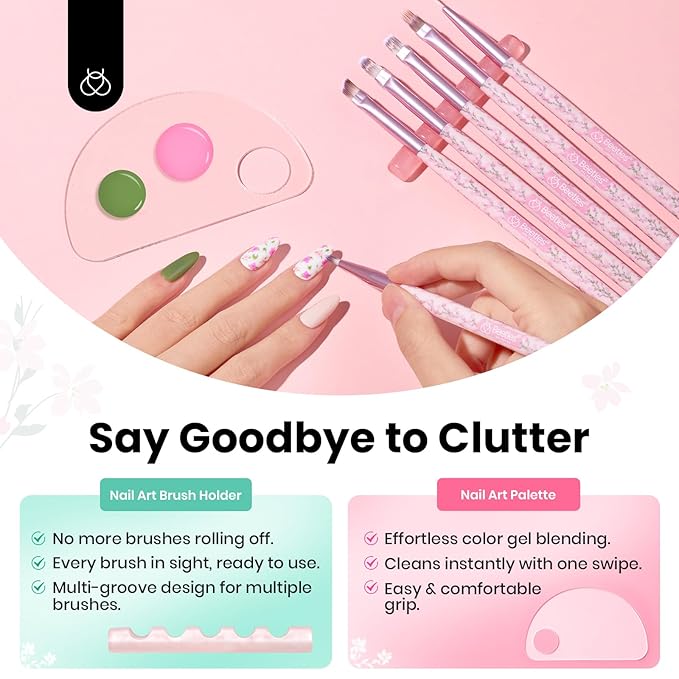 Beetles Gel Polish Nail Art Brushes Set, 6 Pcs Fingernail Art Design Pen, Floral Pattern Handle, Gradient Bristles Nail Brush Set DIY with Palette Dotting Manicure Tool Kit