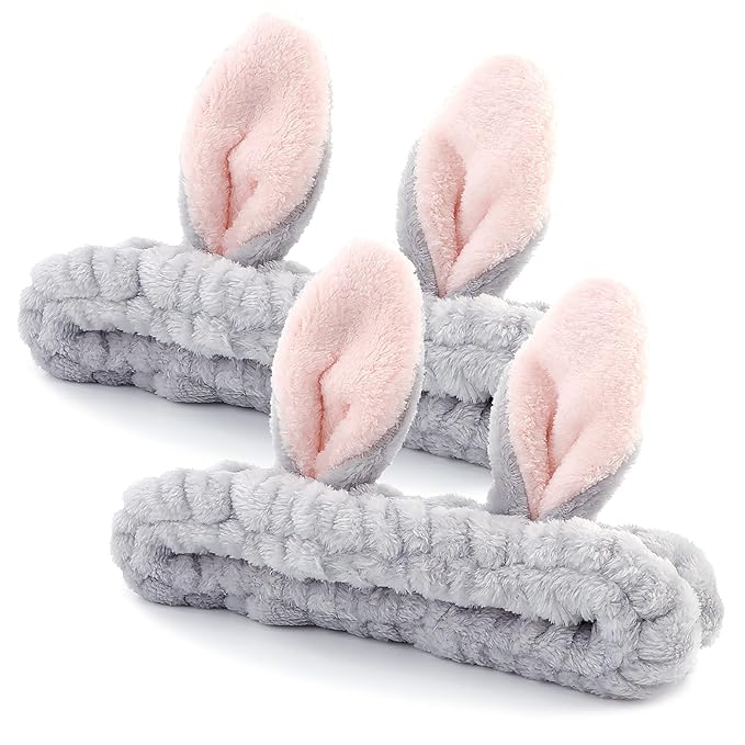 YISSION Cute Bunny Ear Spa Headband for Women and Girls - Soft Plush Makeup Headband for Face Washing, Skincare, Shower, Easter Party Favors (2 Pack, Gray with Pink Inner Ears)