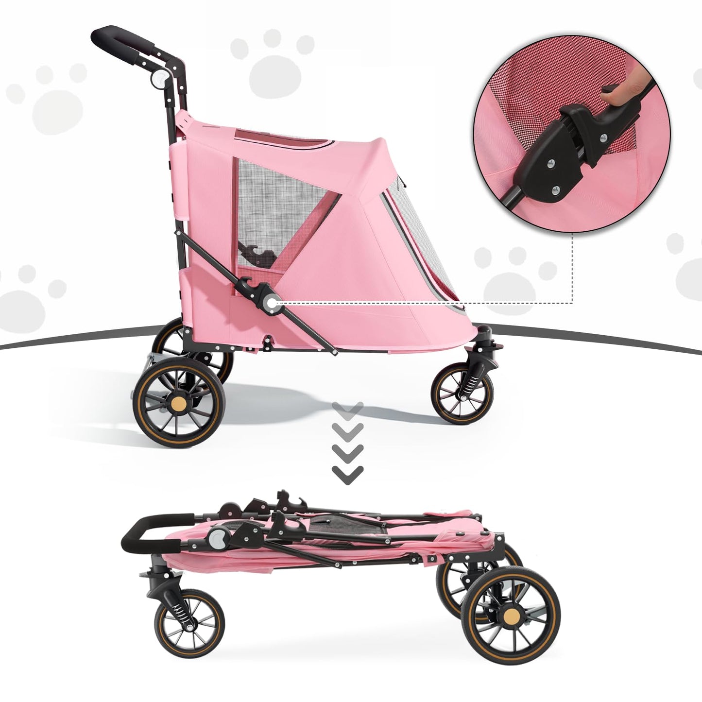 MoNiBloom Pet Stroller for Large Dogs or Multiple Dogs Cats with Adjustable Handle, 3-Wheels Dual Entry Portable Dog Carting Easy Folding Pet Wagon Double Dog Stroller up to 55 lbs, Pink