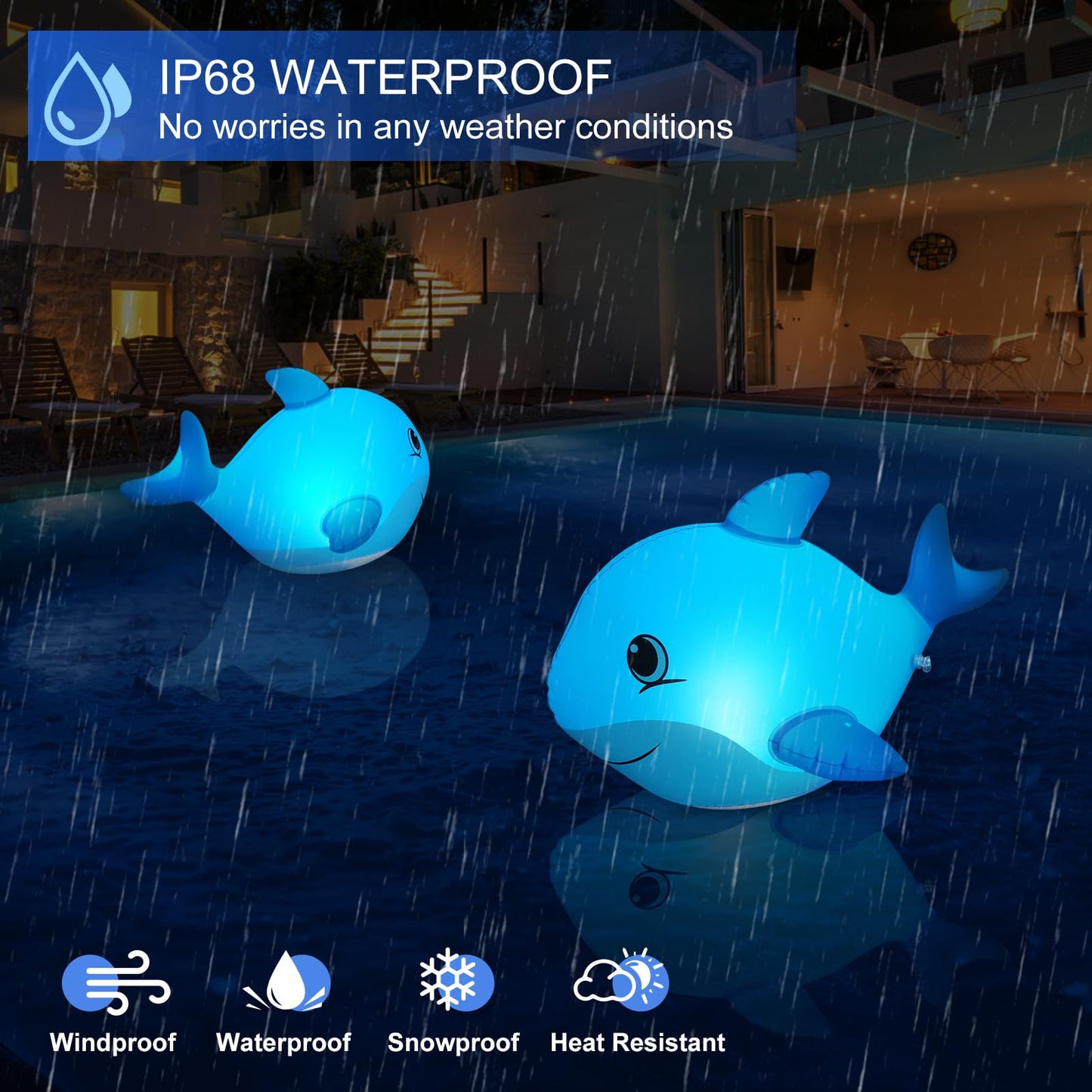 Goallim Solar Floating Pool Lights Dolphin, Glow in the Dark Solar Pool Lights that Float, IP68 Wateproof Inflatable Solar Floating Lights for Pool Pond Wedding Party Decorations - 2PC
