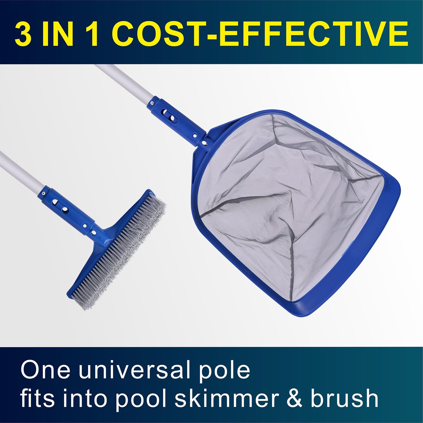 POOLAZA Pool Skimmer Net & Pool Brush Head with 50'' Aluminum Pool Pole