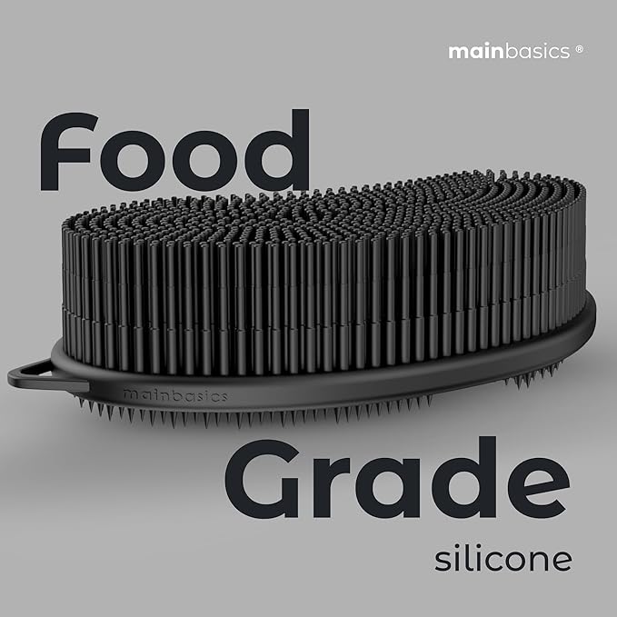 MainBasics Silicone Body Scrubber Dual-Sided Shower Loofah and Exfoliator (Black, Exfoliate)