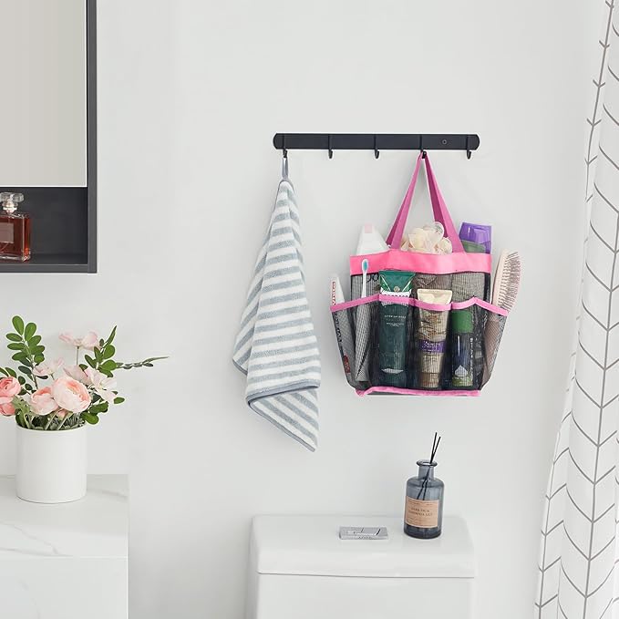 Lifewit Mesh Shower Caddy Portable for College Dorm Room Essentials with 7 Pockets, Freestanding Hanging Organizer Basket, Quick Dry Tote Bag for Camping, Bathroom, Beach, Travel, 1 Pack, Pink